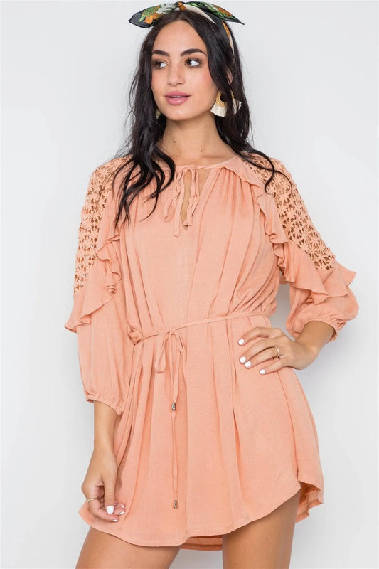 Rose Peach Floral Crochet Shoulder 3/4 Sleeve Mini Dress /1-3-2-1 - Tasha Apparel Wholesale