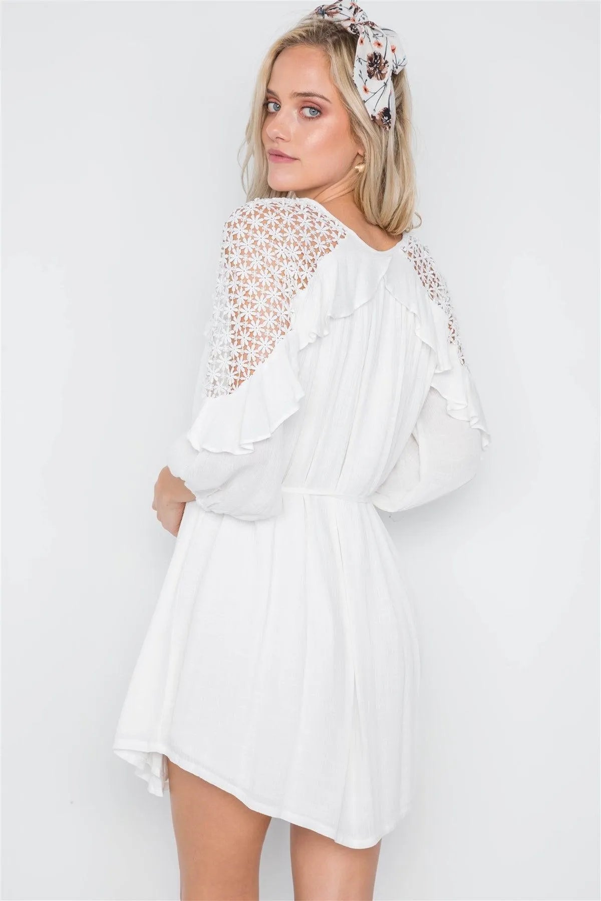 White Floral Crochet Shoulder 3/4 Sleeve Mini Dress /1-2-2-1 - Tasha Apparel Wholesale