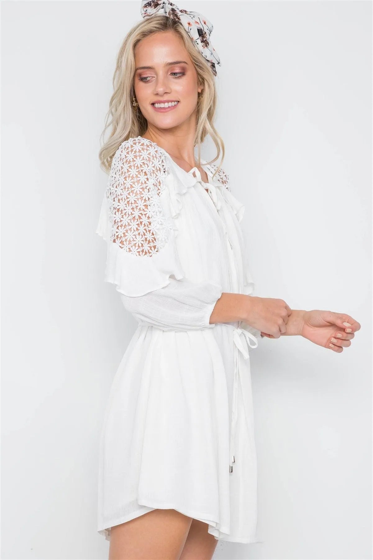 White Floral Crochet Shoulder 3/4 Sleeve Mini Dress /1-2-2-1 - Tasha Apparel Wholesale