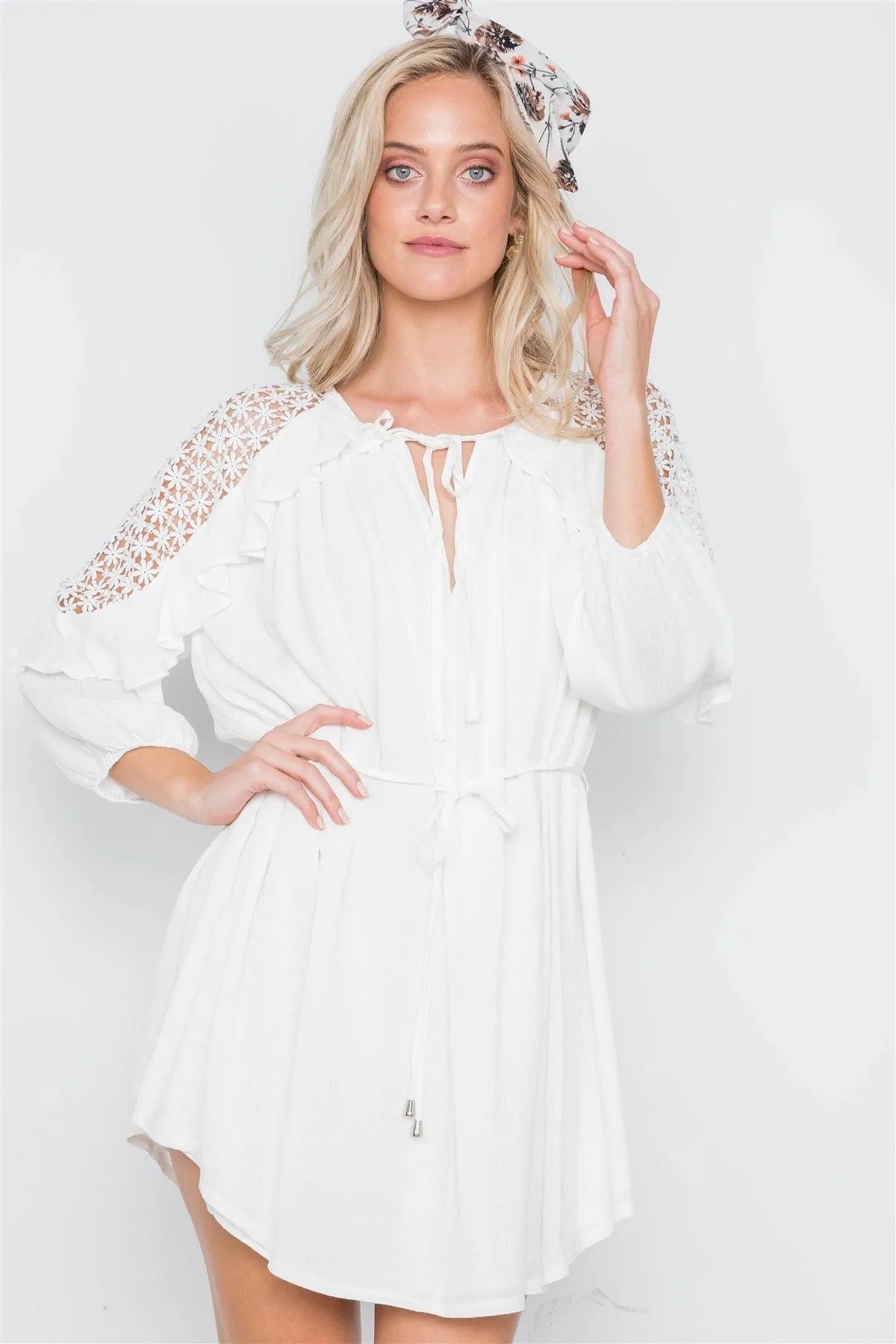 White Floral Crochet Shoulder 3/4 Sleeve Mini Dress /1-2-2-1 - Tasha Apparel Wholesale
