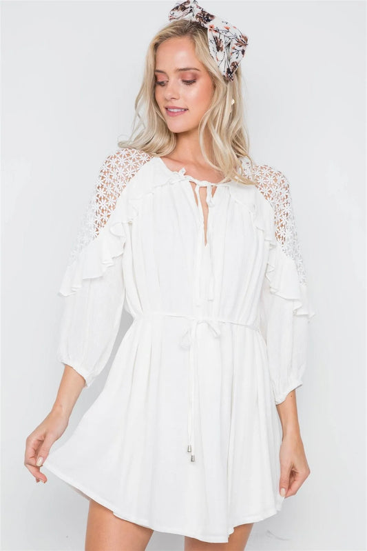 White Floral Crochet Shoulder 3/4 Sleeve Mini Dress /1-3-2-1 - Tasha Apparel Wholesale