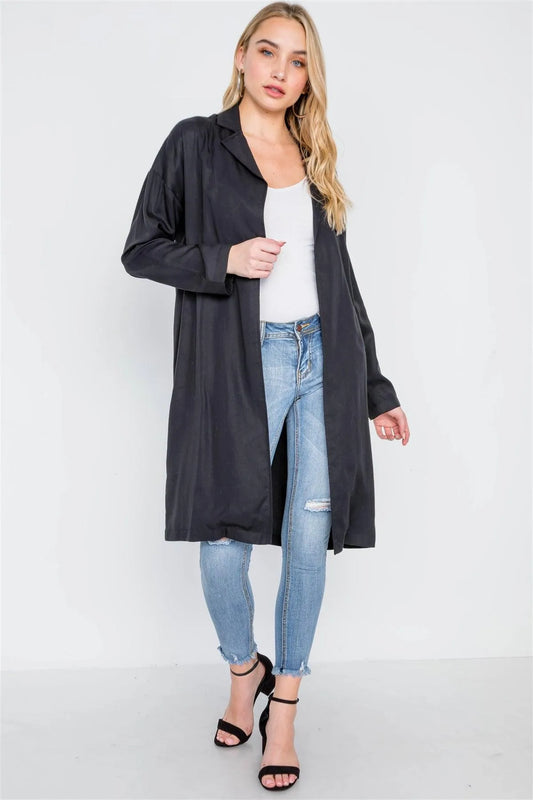 Black Solid Long Sleeve Tencel Coat /2-1-1 - Tasha Apparel Wholesale