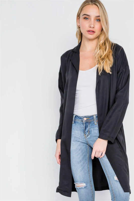 Black Solid Long Sleeve Tencel Coat /1-3-1-1 - Tasha Apparel Wholesale
