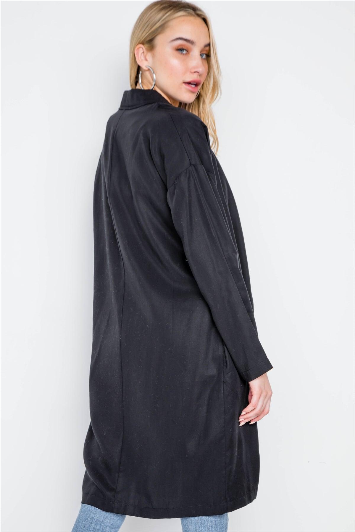 Black Solid Long Sleeve Tencel Coat /1-3-1-1