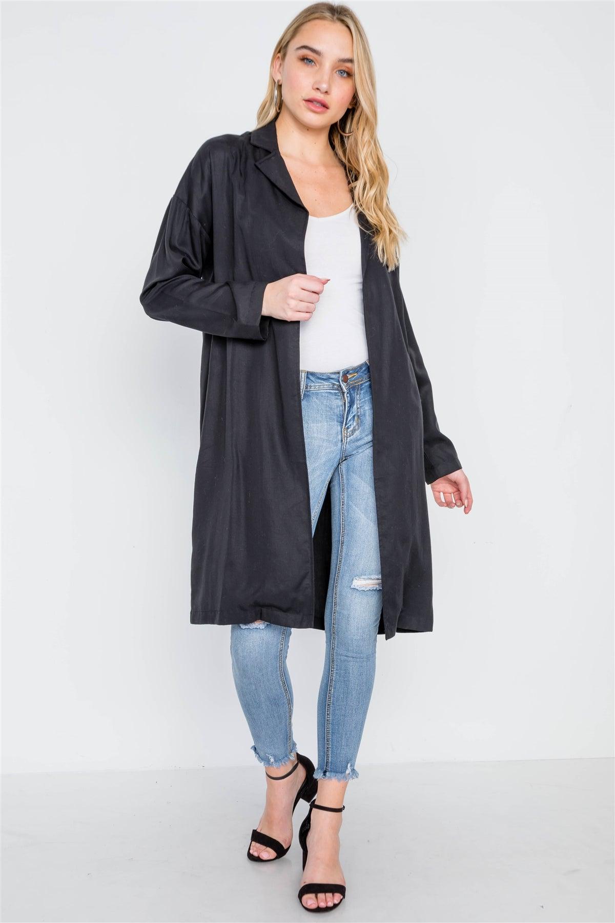 Black Solid Long Sleeve Tencel Coat