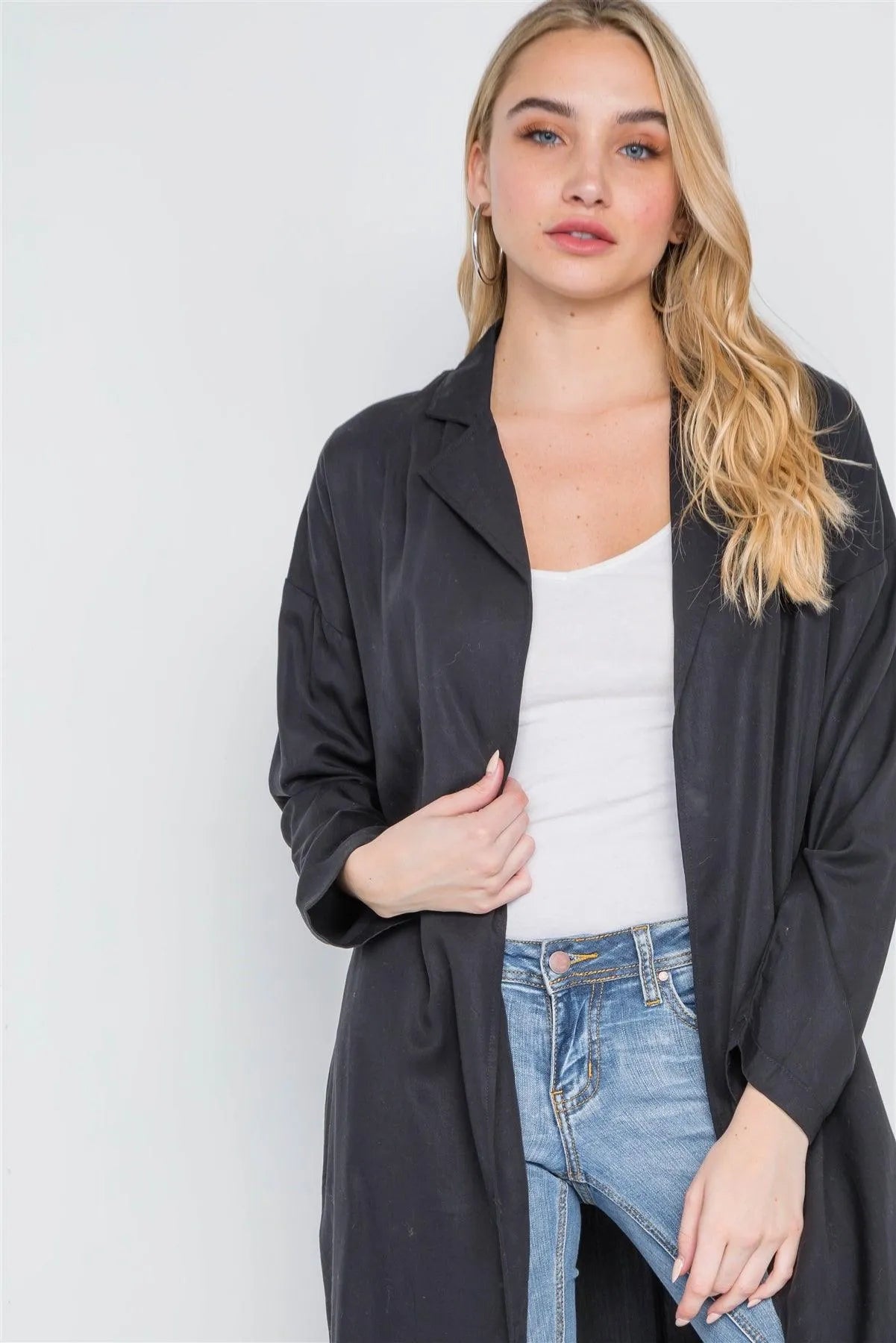 Black Solid Long Sleeve Tencel Coat - Tasha Apparel Wholesale