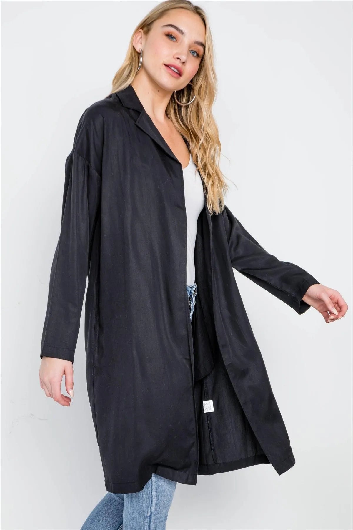 Black Solid Long Sleeve Tencel Coat - Tasha Apparel Wholesale