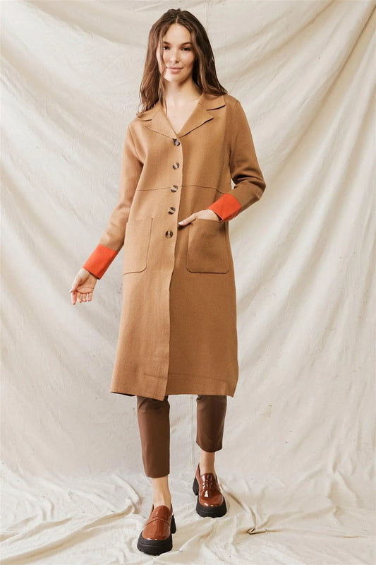 Brown Button Closure Two Pocket Collared Neck Coat /3-2-1 - Tasha Apparel Wholesale