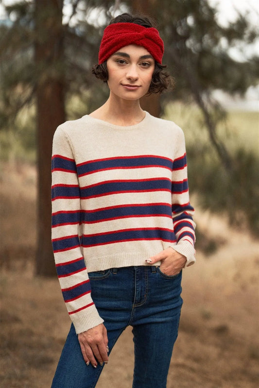 Beige Red & Blue Color Block Striped Knit Long Sleeve Preppy Style Sweater Top /3-2-1 - Tasha Apparel Wholesale