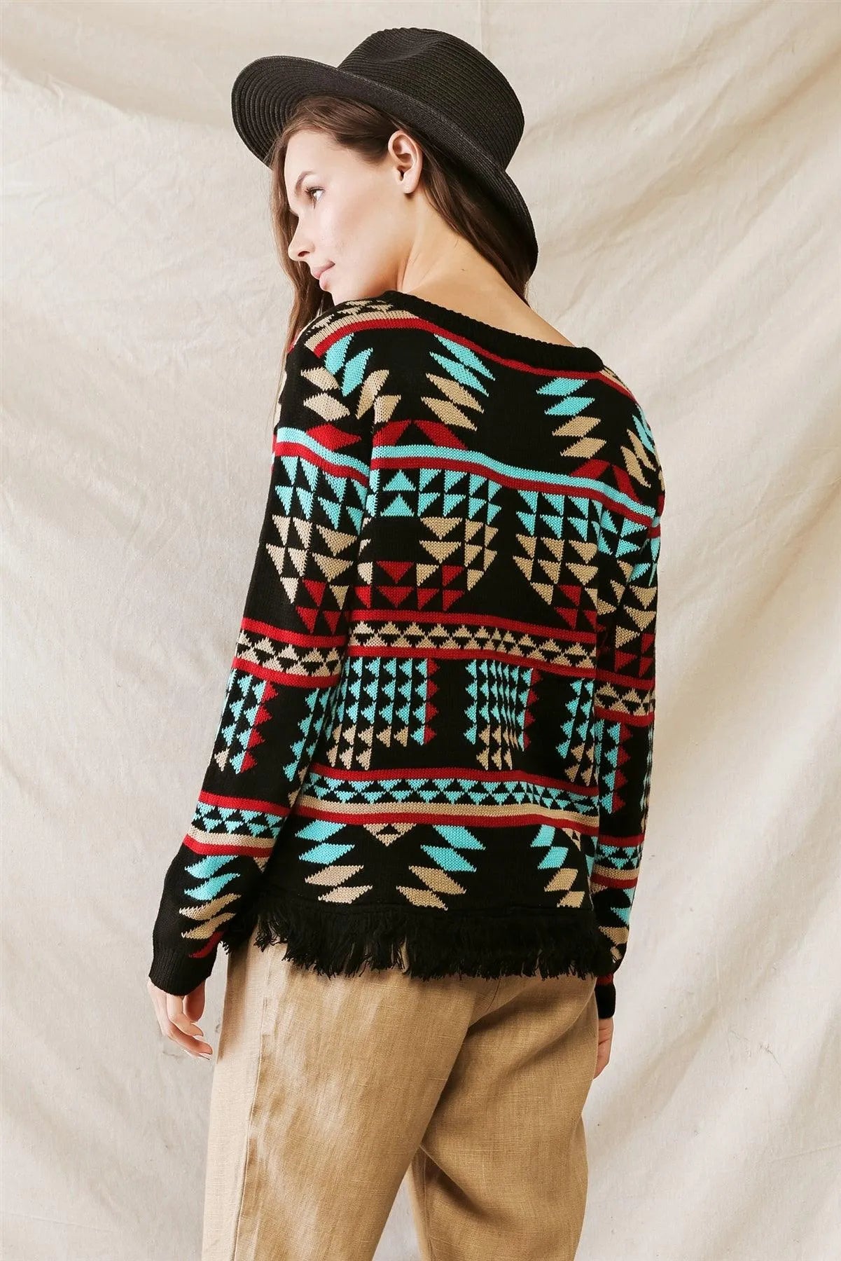 Black Multi Triangular Print Knit Fringe Hem Long Sleeve Sweater /2-2-1 - Tasha Apparel Wholesale