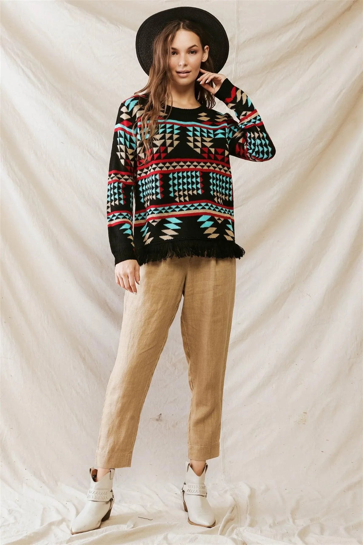 Black Multi Triangular Print Knit Fringe Hem Long Sleeve Sweater /2-2-1 - Tasha Apparel Wholesale