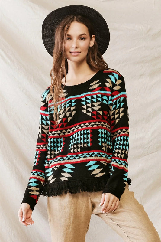 Black Multi Triangular Print Knit Fringe Hem Long Sleeve Sweater /3-2-1 - Tasha Apparel Wholesale