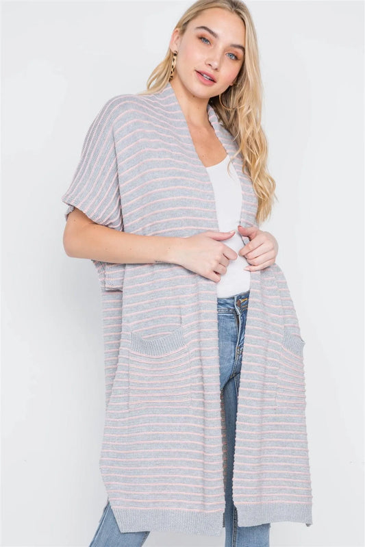 Heather Grey-Blush Knit Stripe Cardigan Vest /3-2-1 - Tasha Apparel Wholesale