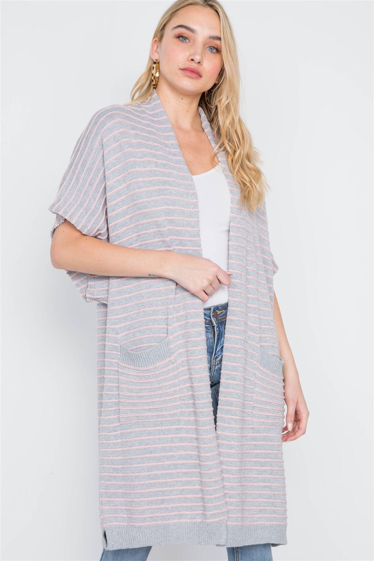 Heather Grey-Blush Knit Stripe Cardigan Vest /3-2-1