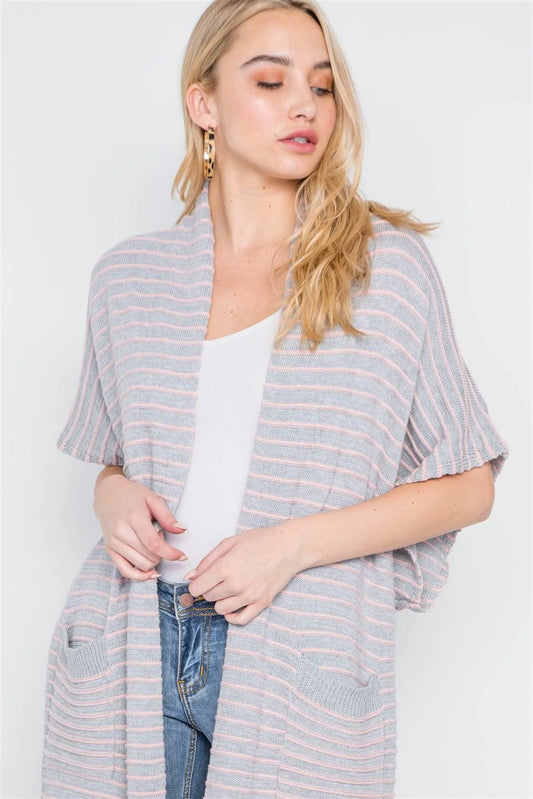 Heather Grey-Blush Knit Stripe Cardigan Vest /1-3-2 - Tasha Apparel Wholesale