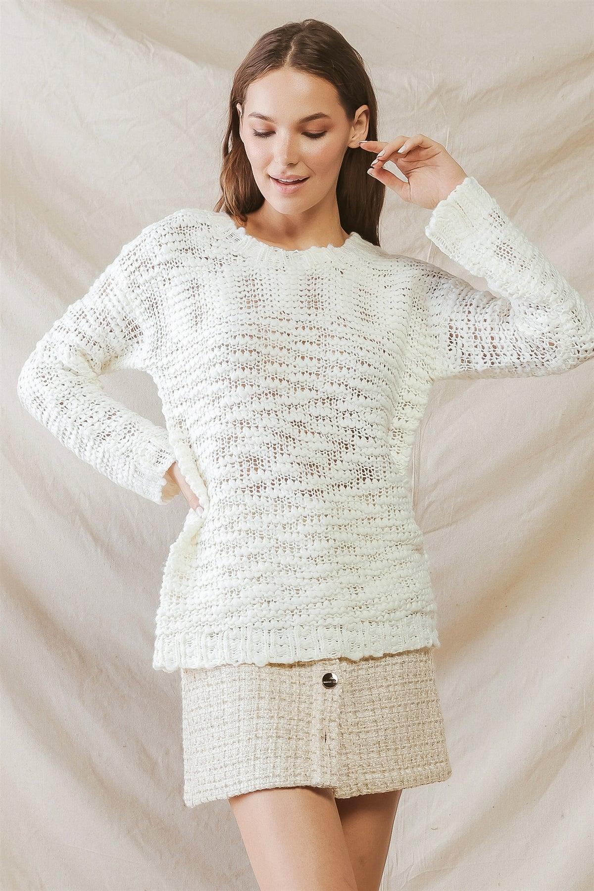 Cream Knit Crew Neck Long Sleeve Sweater /3-2-1