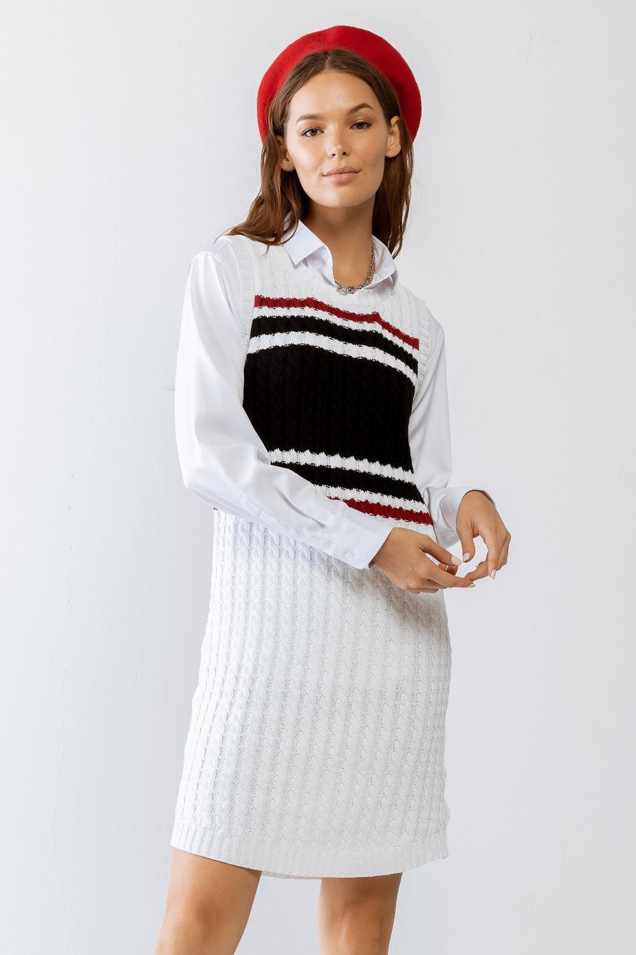 White Colorblocked Cable Knit Sleeveless Midi Dress /3-2-1