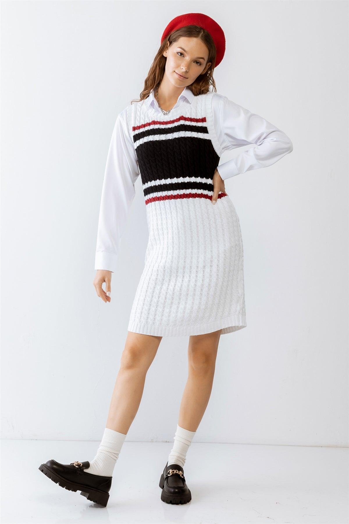 White Colorblocked Cable Knit Sleeveless Mini Dress /3-2-1