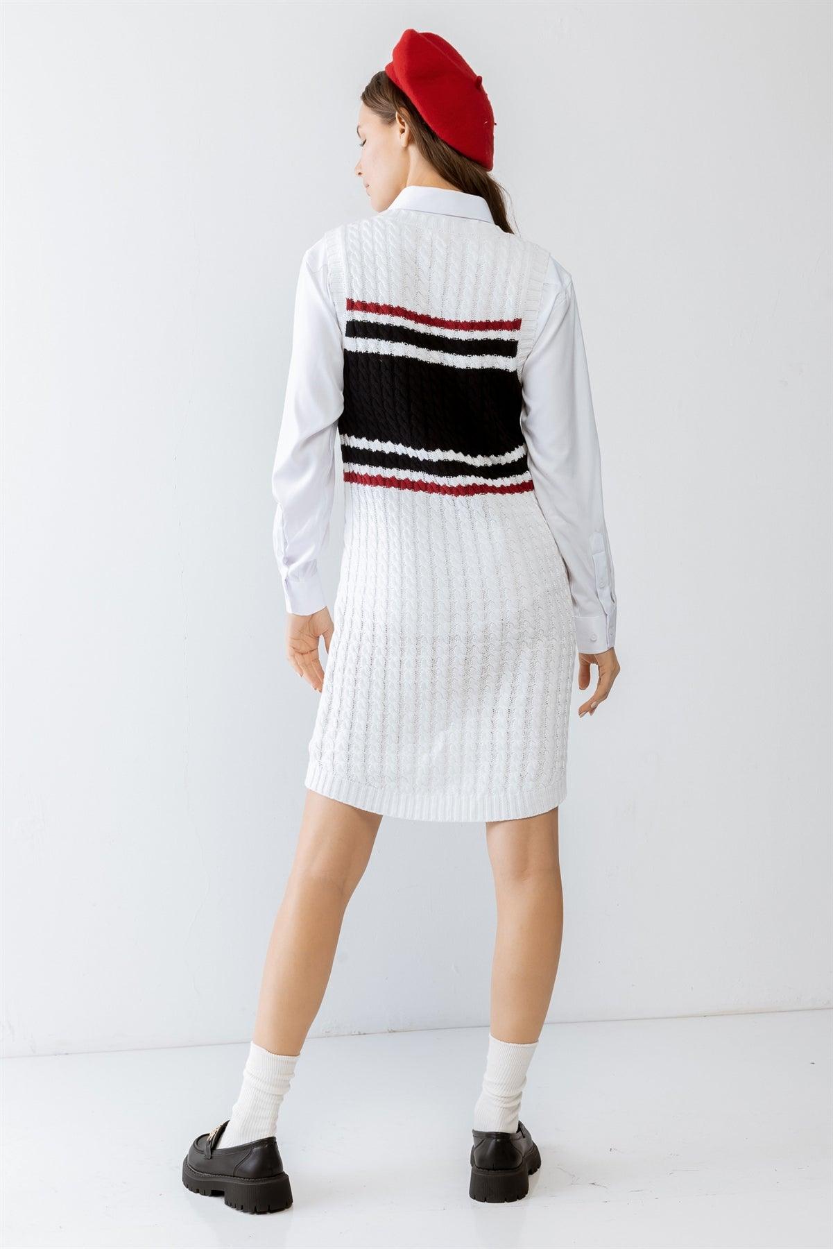 White Colorblocked Cable Knit Sleeveless Mini Dress /2-3-1