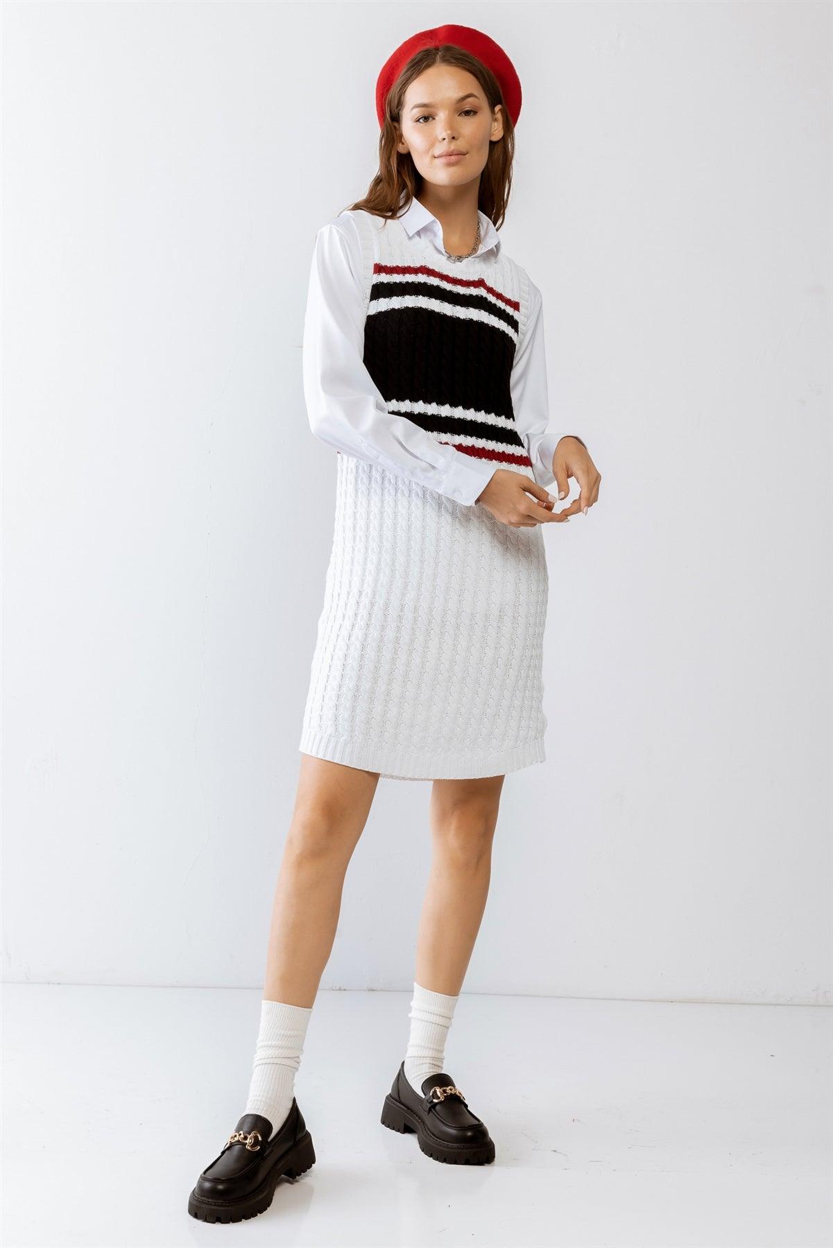 White Colorblocked Cable Knit Sleeveless Mini Dress /2-3-1