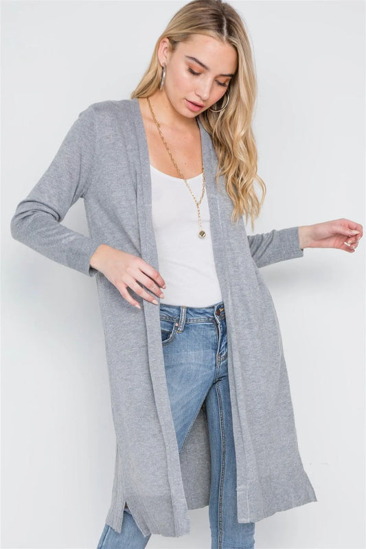 Heather Grey Open Front Pleated Back Cardigan /1-2-3 - Tasha Apparel Wholesale