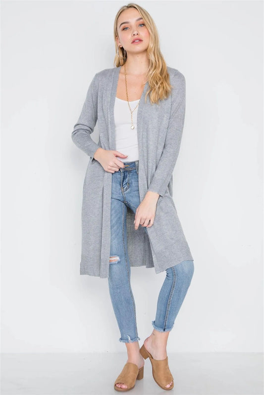 Heather Grey Open Front Pleated Back Cardigan /2-2-2 - Tasha Apparel Wholesale