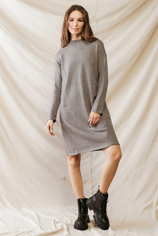 Heather Grey Viscose Blend Knit Long Sleeve Midi Dress /1-2 - Tasha Apparel Wholesale