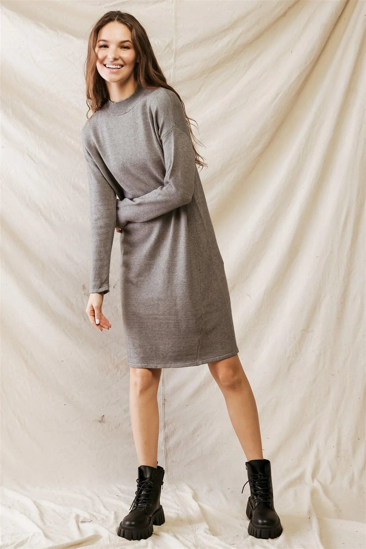 Heather Grey Viscose Blend Knit Long Sleeve Midi Dress /1-2 - Tasha Apparel Wholesale