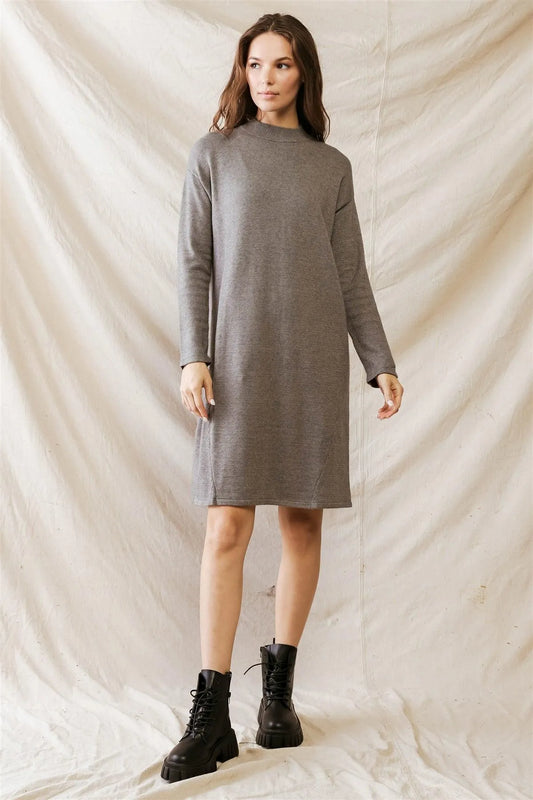 Heather Grey Viscose Blend Knit Long Sleeve Midi Dress /2-2-2 - Tasha Apparel Wholesale