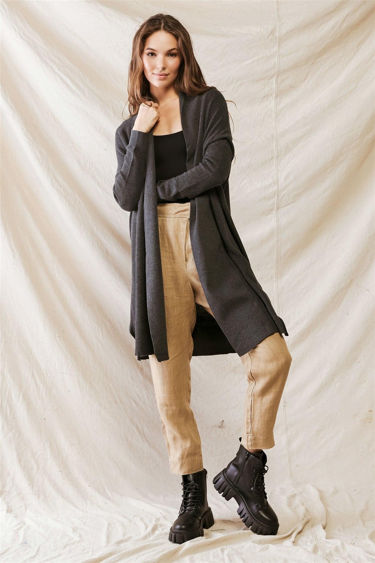 Charcoal Cotton Material Long Sleeve Open Front Cardigan /3-2-1