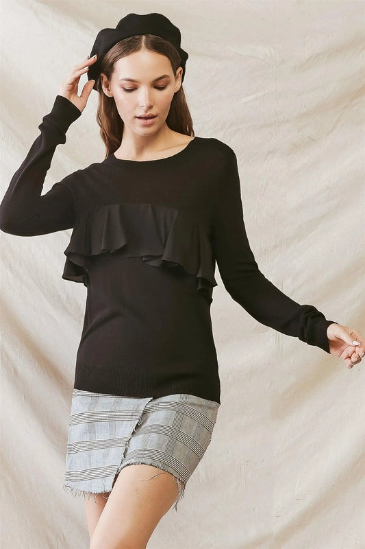 Black Front Flare Detail Long Sleeve Top /3-2-1 - Tasha Apparel Wholesale