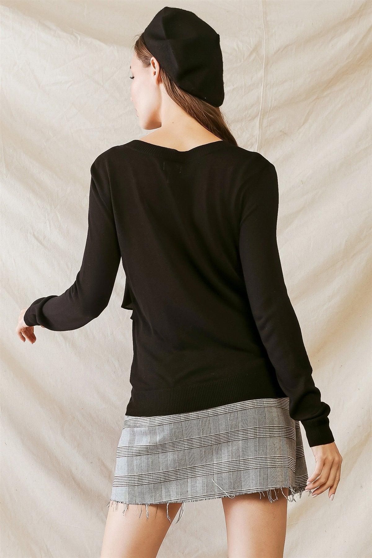 Black Front Flare Detail Long Sleeve Sweater /3-2-1