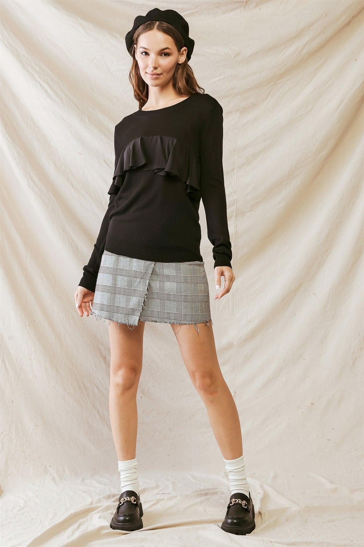 Black Front Flare Detail Long Sleeve Sweater /3-2-1
