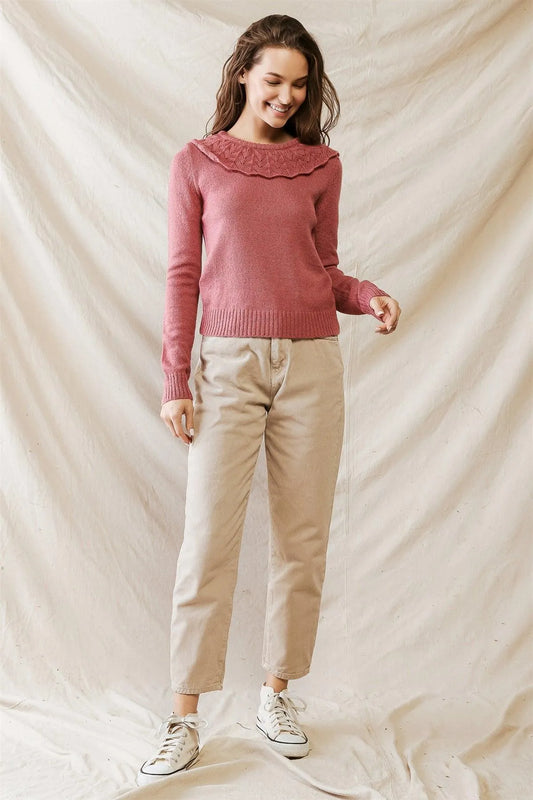 Mauve Knit Collared Neck Long Sleeve Sweater /3-2-1 - Tasha Apparel Wholesale