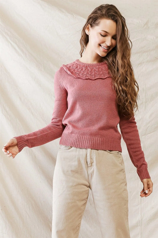 Mauve Knit Collared Neck Long Sleeve Sweater /1-3-2 - Tasha Apparel Wholesale