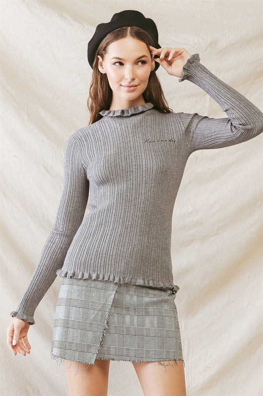 Heather Grey Ribbed "Have a nice day" Print Ruffle Detail Top /3-2-1 - Tasha Apparel Wholesale