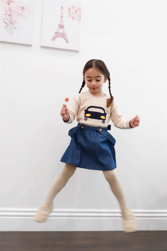 Toddler Girls Taupe Knit Contrast Front Car Print Sweater /1-3-2 - Tasha Apparel Wholesale