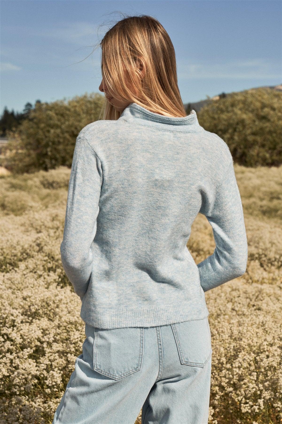 Light Blue Long Sleeve Faux Pocket V-Neck With Collar Sweater