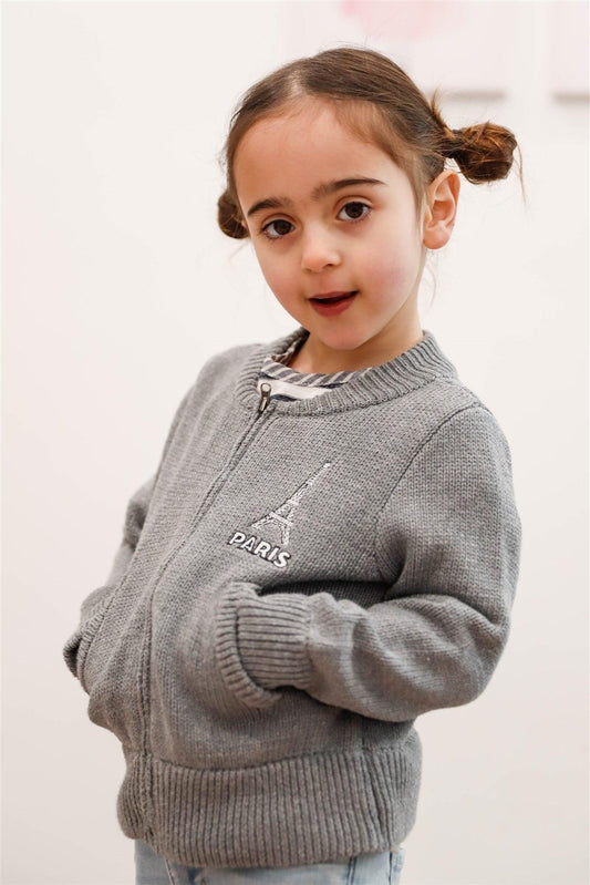 Toddler Girls "Paris" Grey Knit Cotton Zip-Up Sweater /1-3-2 - Tasha Apparel Wholesale