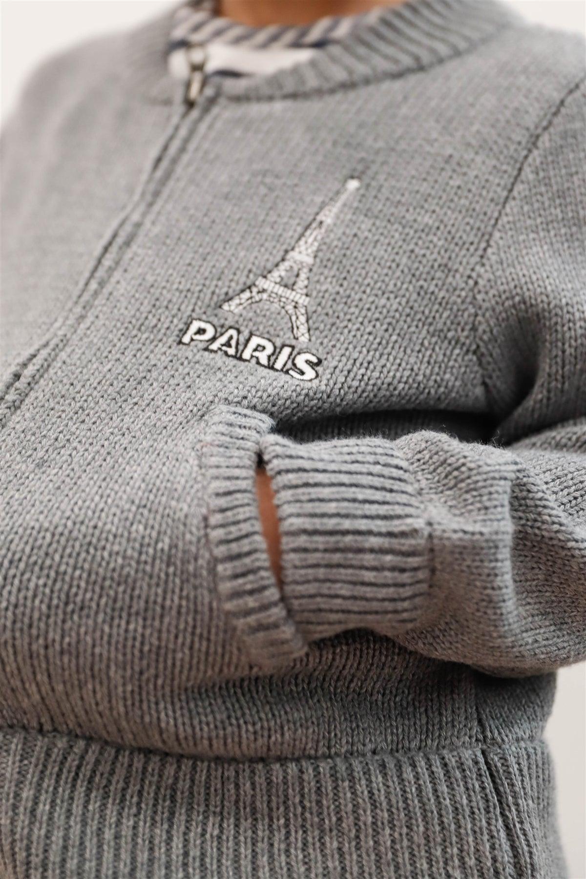 Girls "Paris" Grey Knit Cotton Zip-Up Sweater /5-1