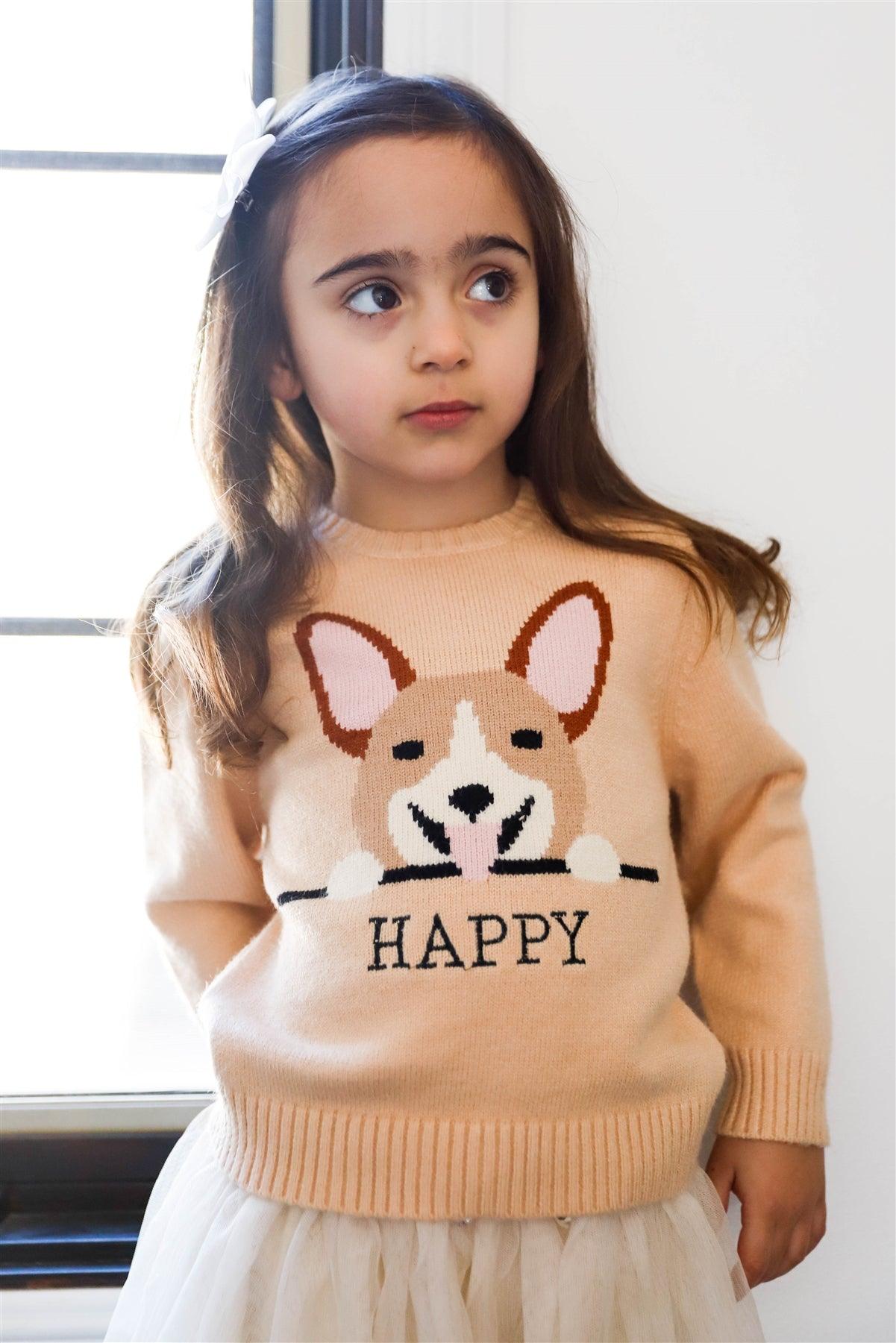 Girls Taupe "Happy Dog Face" Sweater /1-3-2
