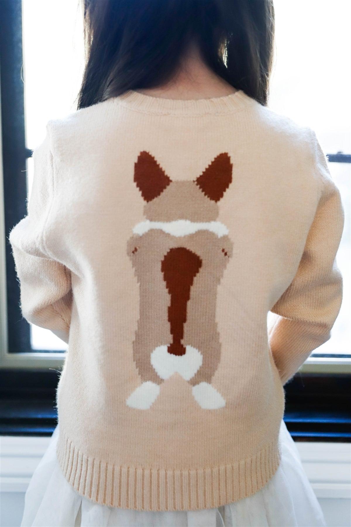 Toddler Girls Taupe "Happy Dog Face" Sweater /1-3-2