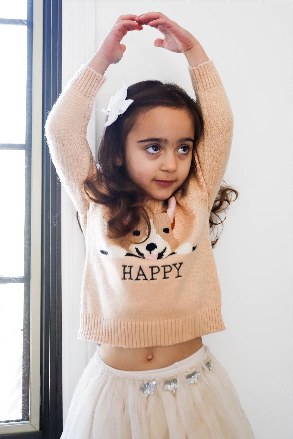 Toddler Girls Taupe "Happy Dog Face" Sweater /1-3-2