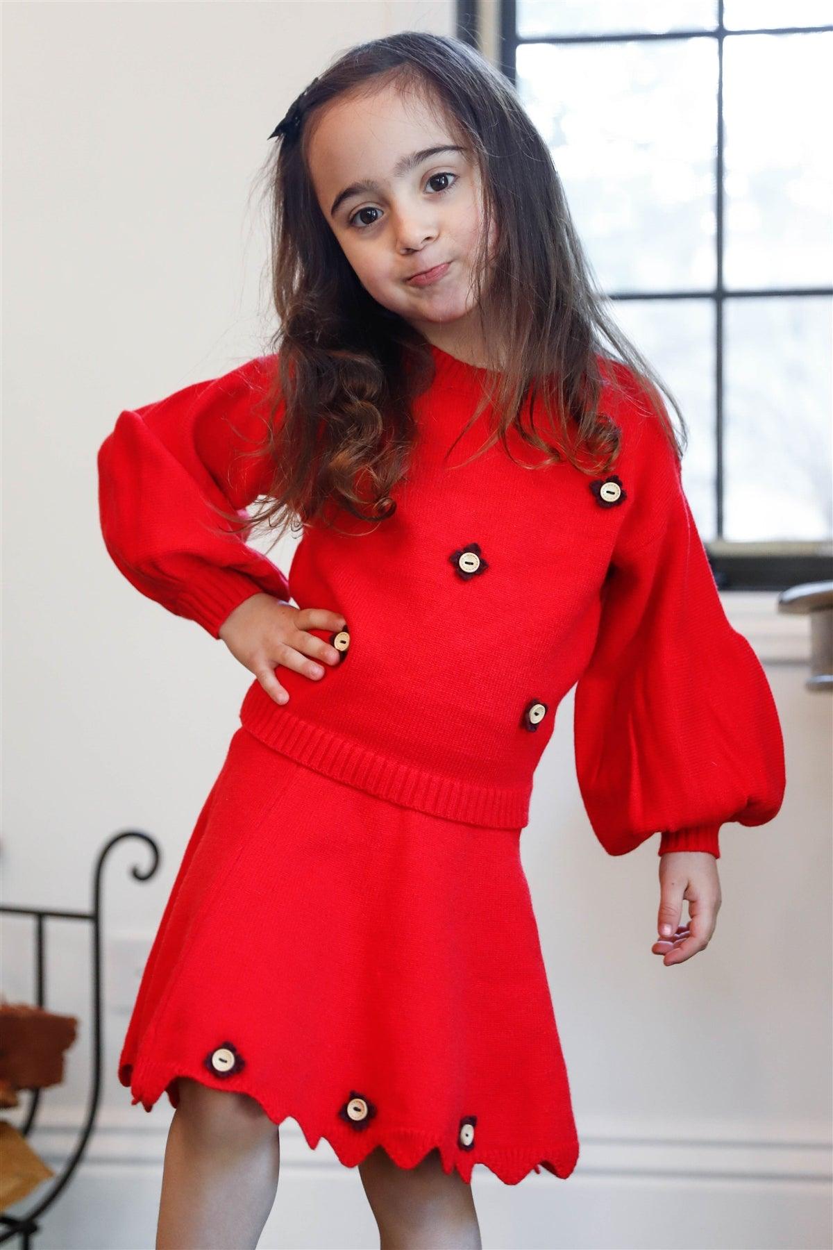 Girls Red Knit Flower Button Details Juliette Sleeve Sweater & Wavy Hem Skirt Set /1-3-2