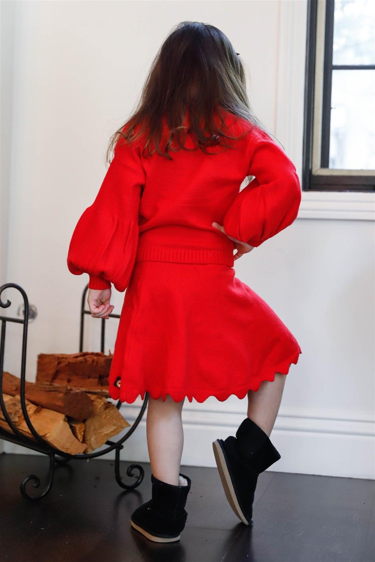 Toddler Girls Red Knit Flower Button Details Juliette Sleeve Sweater & Wavy Hem Skirt Set /1-3-2