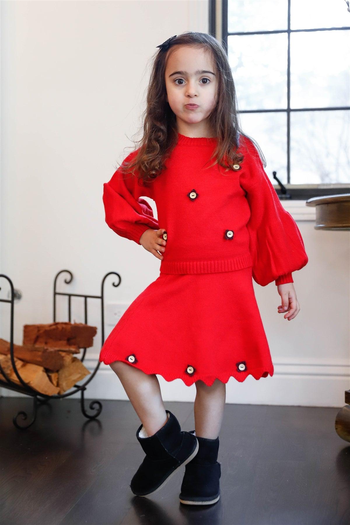 Toddler Girls Red Knit Flower Button Details Juliette Sleeve Sweater & Wavy Hem Skirt Set /1-3-2