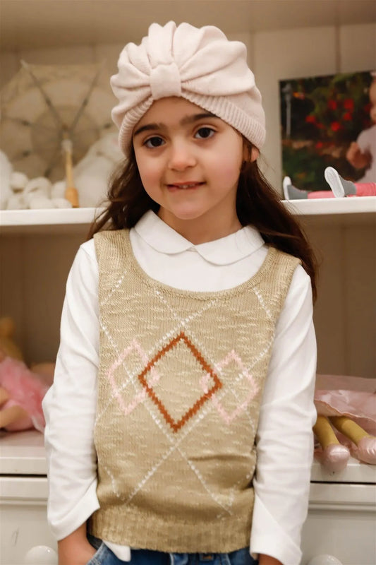 Little Toddler Girls Taupe Contrast Diamond Knit Sleeveless Top Vest - Tasha Apparel Wholesale