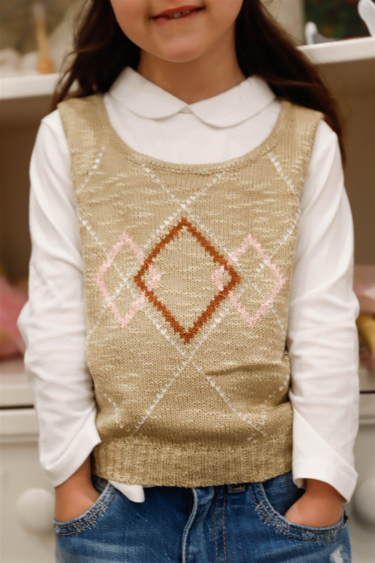 Toddler Girls Taupe Contrast Diamond Knit Sleeveless Top Vest /1-3-2