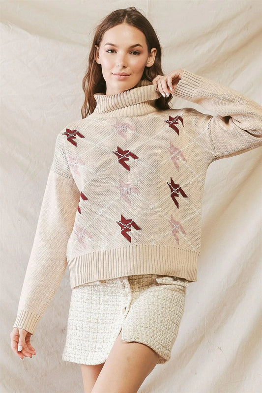 Taupe Argyle Print Cotton Blend Knit Turtle Neck Sweater /3-2-1 - Tasha Apparel Wholesale