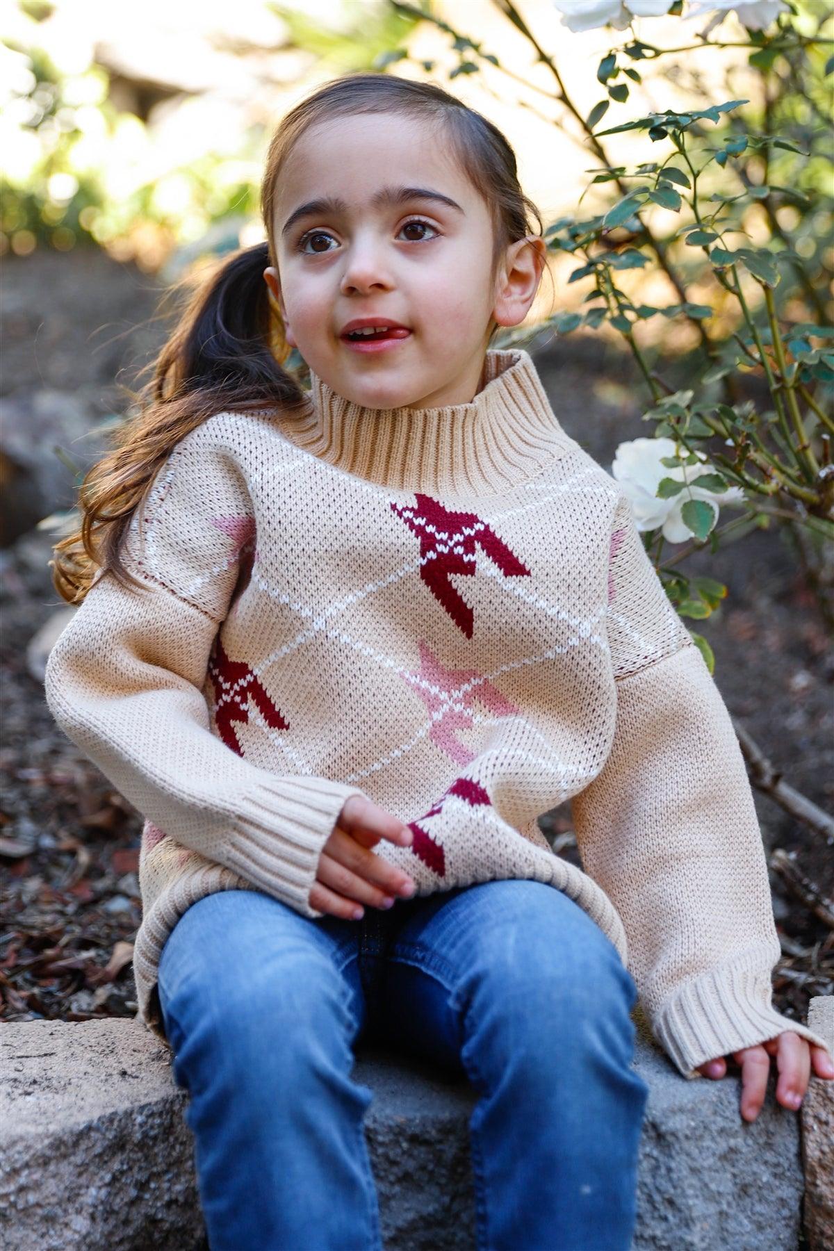 Toddler Girls Taupe Contrast Diamond Knit Turtle Neck Sweater /2-3